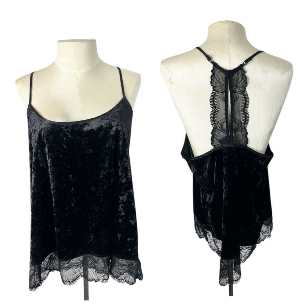 Black velvet whimsigoth chemise top size‎ L dark fairy goth lace whimsy